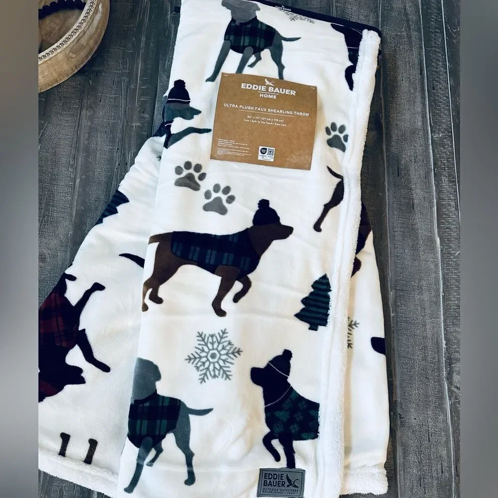 Eddie Bauer Christmas Holiday Dog Print Ultra Plush Faux Shearling Throw Blanket